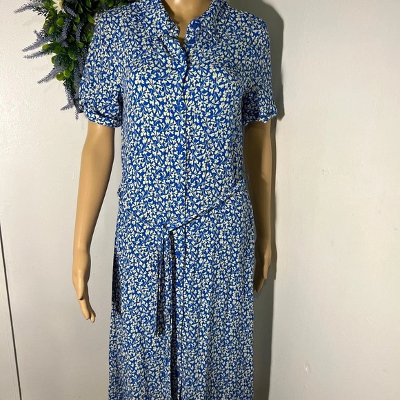 Marquis, S,pocketed leaf print full button front cuff short sleeve belted midi - Picture 4 of 9